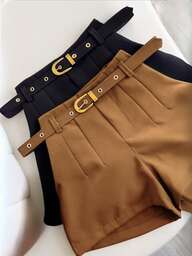 Short Alfaiataria Feminino Com Bolso e Cinto Forrado Cintura Alta