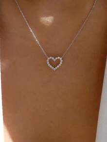 Rhinestone Heart Decor Necklace Valentines,Mom,Mother,Mother's Day,Gift - 銀色 - 查看 1