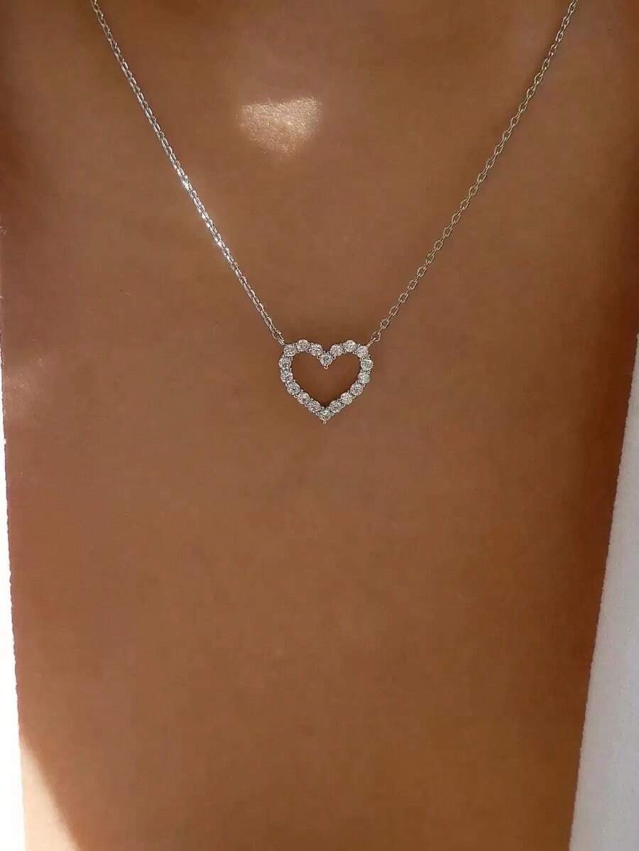 Rhinestone Heart Decor Necklace Valentines,Mom,Mother,Mother's Day,Gift - 銀色 - 查看 1