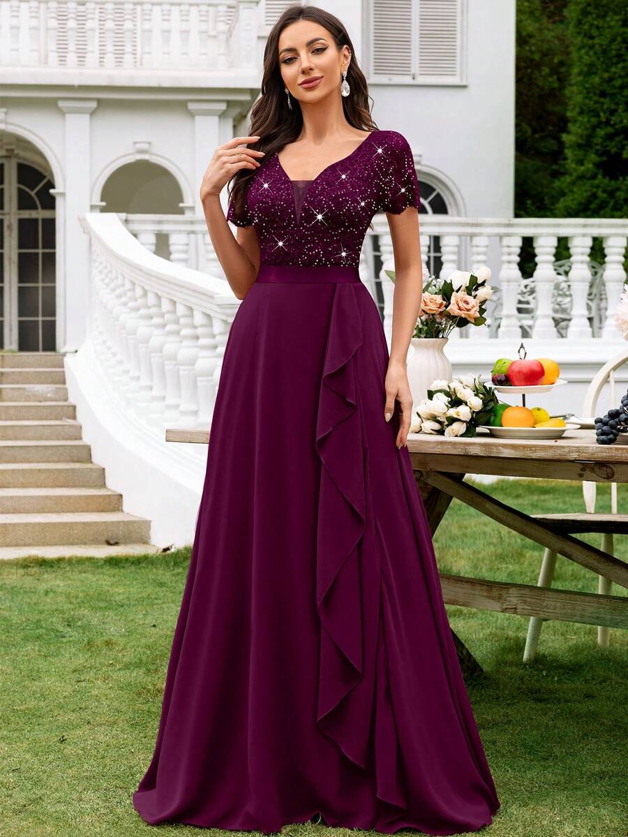 MIUSOL Đầm maxi dạ hội bằng chiffon phối ren đính sequin, cổ chữ V sâu, phối màu nổi bật, thích hợp cho khách dự đám cưới, lễ tốt nghiệp, tiệc gala và các dịp khác.