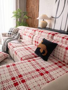 1pc Solid Color Teddy Plush Sofa Cover, Elastic Wrap-Around, Warm & Comfortable, Simple Ins Style, Pet-Friendly, Non-Slip, Machine Washable, Suitable For L-Shaped Sofa 1/2/3/4 Seats, Living Room, Bedroom, Study - Red - View 2