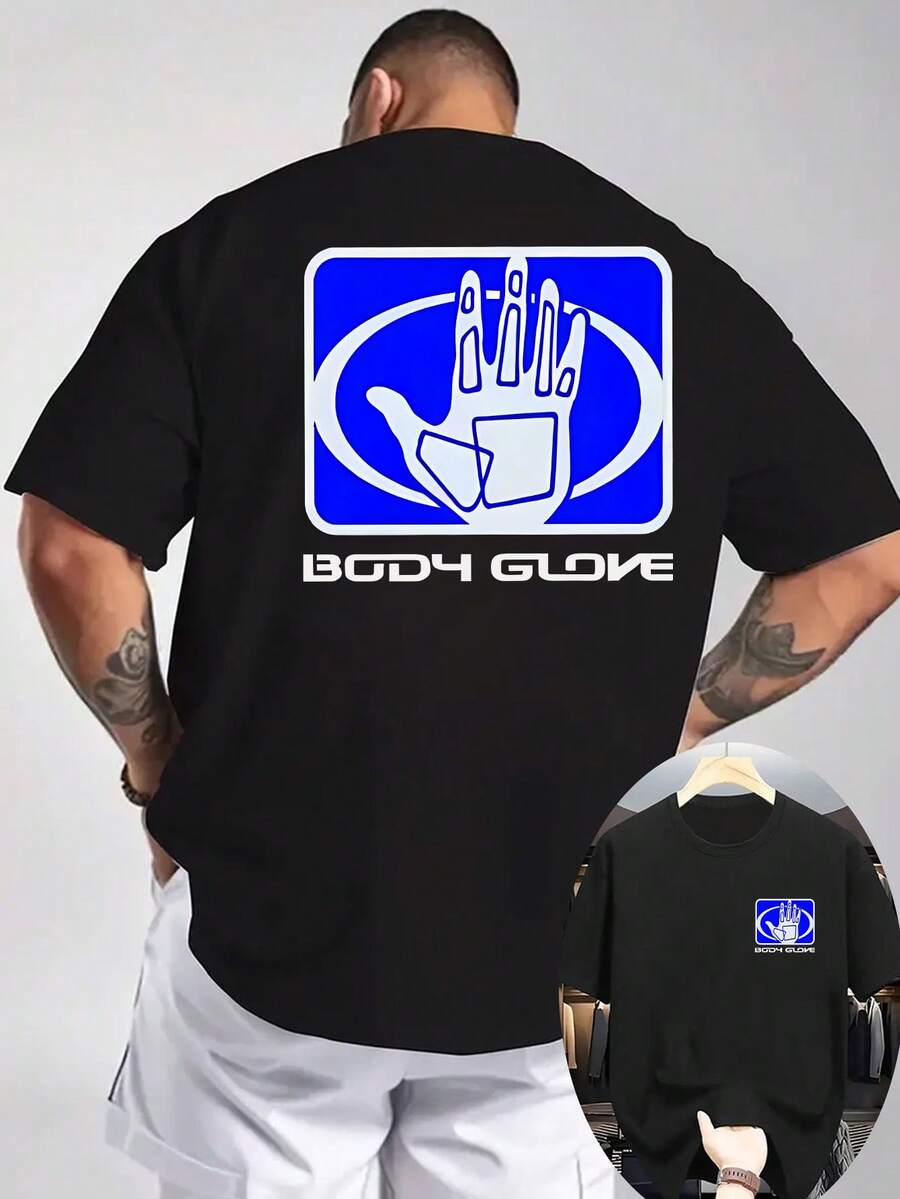 New 100% Cotton Summer Men's Casual T-Shirt Ribbed Crew Neck Short Sleeve Top, Knitted Fabric, Refreshingly Comfortable, Front And Back Double-Sided Print, Body Glove Handprint Pattern, Suitable For Outdoor Activities Men's Printed Summer T-Shirt Top Shirt - màu đen - Xem 1
