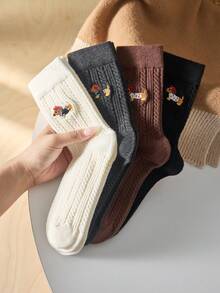 2/4 Pairs Women's Solid Color Dog Embroidered Mid-Calf Socks, Soft & Fashionable, Suitable For Daily Wear, Random Colors - Multicolor - View 4