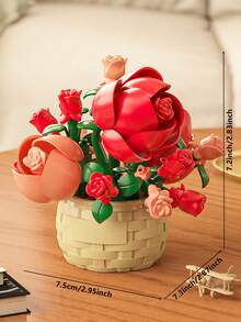 1361pcs Realistic Preserved Flower Building Blocks Basket, Roses/Sunflowers/Tulips/Lily Of The Valley/Roses/Lilies/Roses/Peonies/Jasmine Creative 3D Assembly Building Blocks Potted Succulent Plants Desktop Decor, Birthday/Halloween/Christmas Gift - Multicolor - View 23