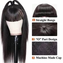 Straight Wig With Bangs Human Hair No Lace Front Put On And Go Glueless Wigs For Women Ready To Wear 180% Density Machine Made Long Straight Wig With Bangs Natural Color No Glue Needed Beginner Friendly - Natural Black - 查看 6