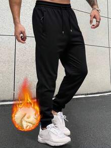 1pc Men's Winter Thermal Lined Sweatpants, New Loose Fit Drawstring Waist Casual Pants - Black - View 2