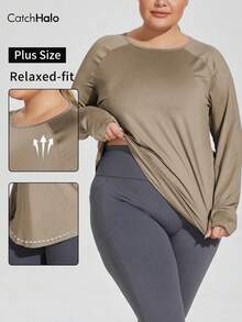 大码女式长袖运动上衣，带拇指孔，宽松透气吸湿排汗运动T恤 - 卡其色 - 查看 7