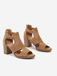 Sandali con tacco a blocco traforati - Scarpe estive classiche ed eleganti per donna - Cammello - Visualizzare 5