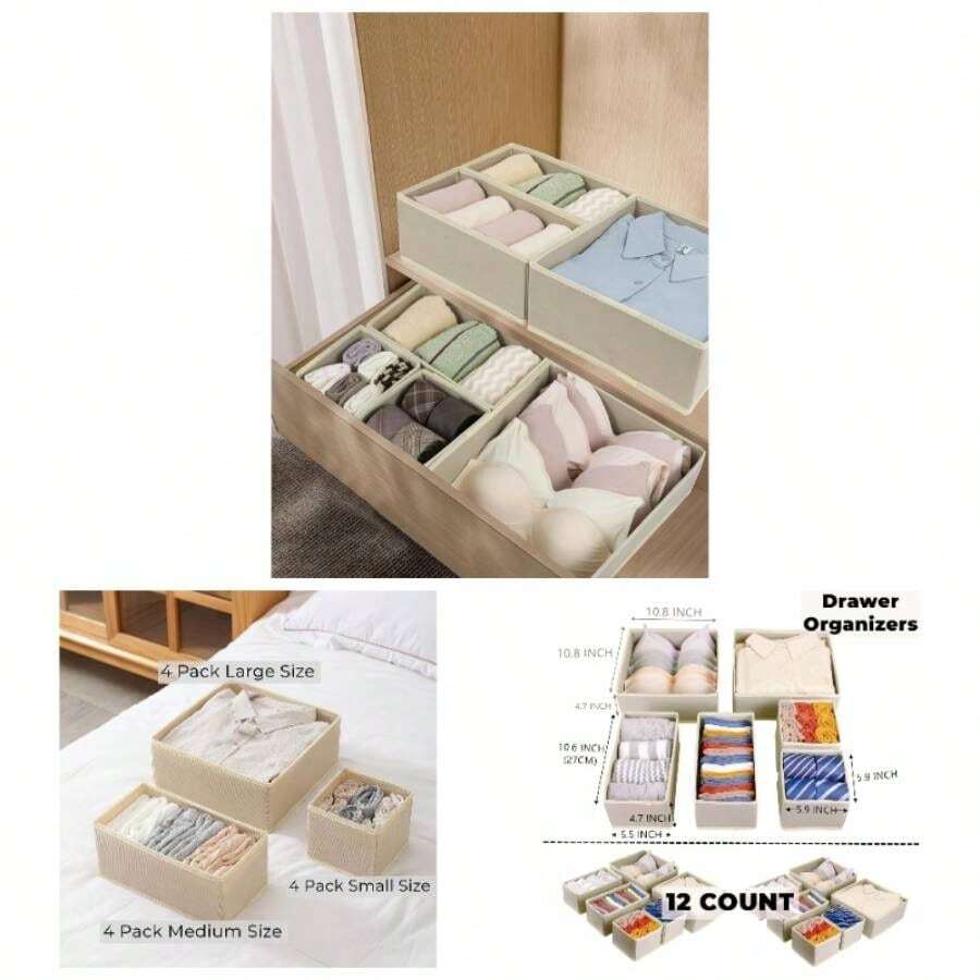 12 Pack Drawer Organizers Clothing, Foldable Clothes Drawer Organizer Underwear, Folded Clothes, Clothing, Socks, Bra, Towels, Ties - Multi - Pack Storage Box White - Beige - View 1