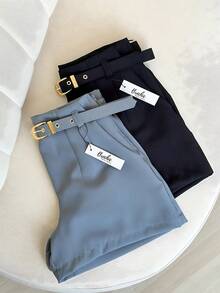 Short Alfaiataria Feminino Com Bolso e Cinto Forrado Cintura Alta - Azul Aço - Visão 1