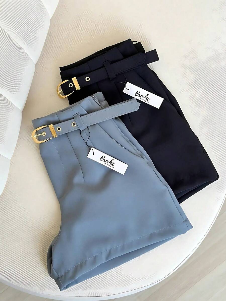 Short Alfaiataria Feminino Com Bolso e Cinto Forrado Cintura Alta - Azul Aço - Visão 1