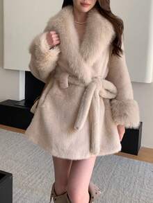 Women's Solid Color Long Sleeve Faux Fur Collar Tie Waist Christmas Jacket - Apricot - View 1