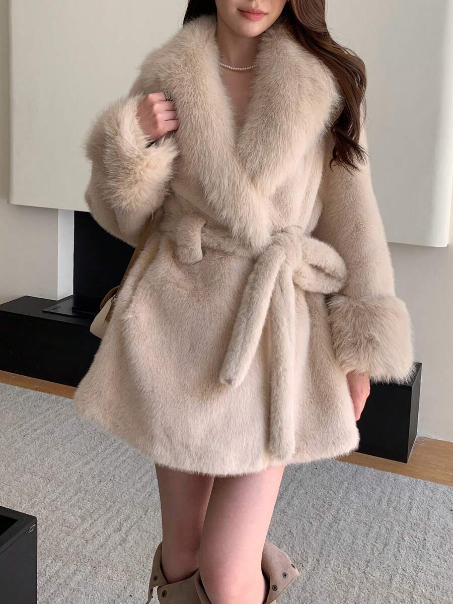 Women's Solid Color Long Sleeve Faux Fur Collar Tie Waist Christmas Jacket - Apricot - View 1