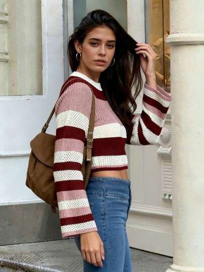 Suéter corto de manga larga con bloques de color a rayas, top casual de calle para primavera