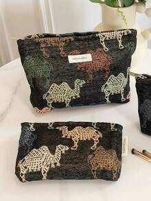 1个黑色背景彩色骆驼图案化妆包，时尚休闲大容量便携拉链化妆包，旅行度假必备化妆包，可收纳卫生巾、卫生棉、有线耳机、耳塞、头戴式耳机、充电器、口红、化妆品、香水、护肤品和美容产品，家居装饰，适合学生使用，可装钥匙，节日礼物袋，女士礼物，圣诞礼物，女士礼品创意，化妆包，旅行必备 - 黑色 - 查看 17