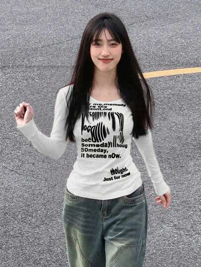 Women's Letter Printed Long Sleeve T-Shirt, Casual & Commuting Versatile Tee