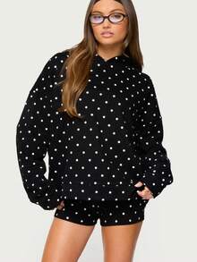 Womens Loungewear Set, Oversized Polka Dot Hoodie With Matching Shorts  White Black Dot Casual Two Piece Outfit For Women - 黑色 - 查看 6
