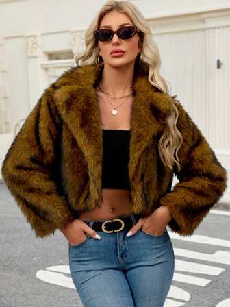 Women's Casual Solid Color Long Sleeve Fuzzy Short Jacket, Autumn/Winter
