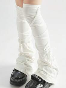 1双亚文化原宿哥特风过膝长筒袜，黑白相间，修身显瘦，时尚系带设计，不对称荷叶边，喇叭形袜口，适合Y2K甜美酷炫风、摇滚风、独特日常穿搭 - 彩色 - 查看 7