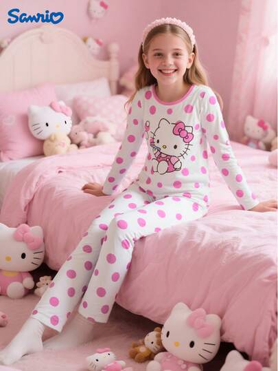 Sanrio Sanrio Hello Kitty Girls Bow & Cartoon Print Crew Neck Long Sleeve Top + Polka Dot Long Pants 2 Pieces Pajama Set