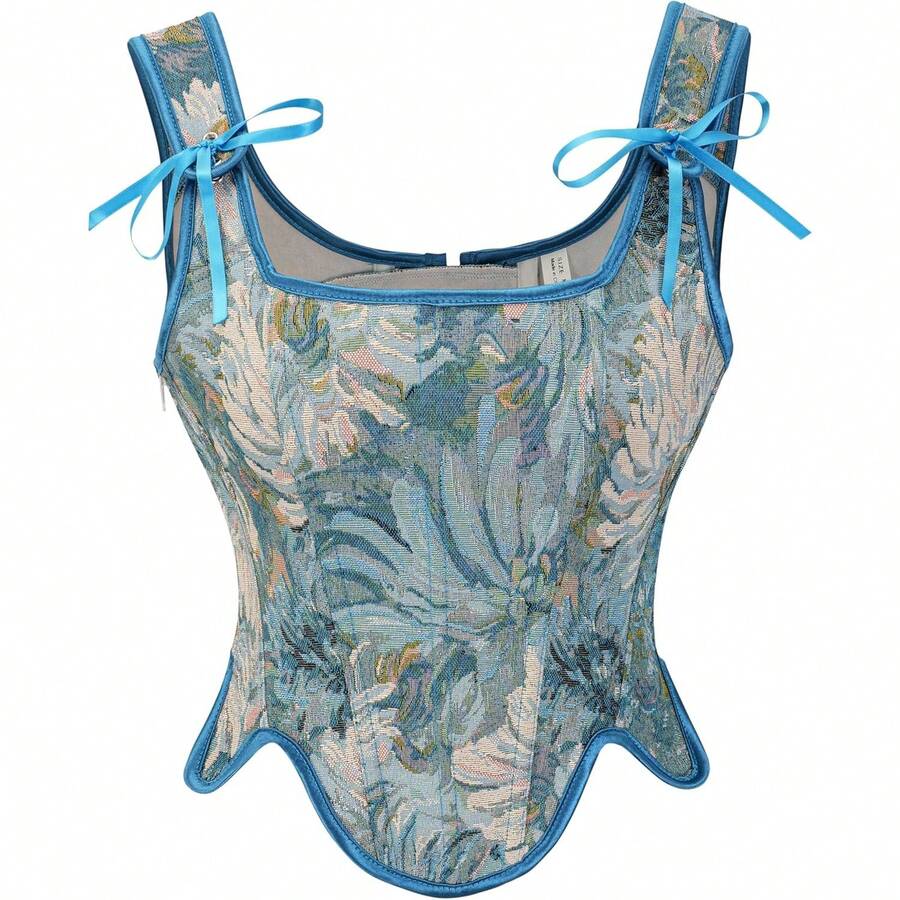 Women's Waist Cincher Bustier Boned Corset With Design In 2025 - Blue & Beige Floral - View 1