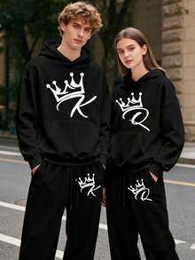 (2PC) Couple's Set Of Fashionable And Casual Printed Hoodies And Sweatpants For Both Men And Women, Autumn And Winter Men's Sportswear, Fashionable And  Sportswear Printed, Suitable For Casual Outdoor Sports And Holiday Gift Giving.KING/QUEEN - Nam-Đen - Xem 1