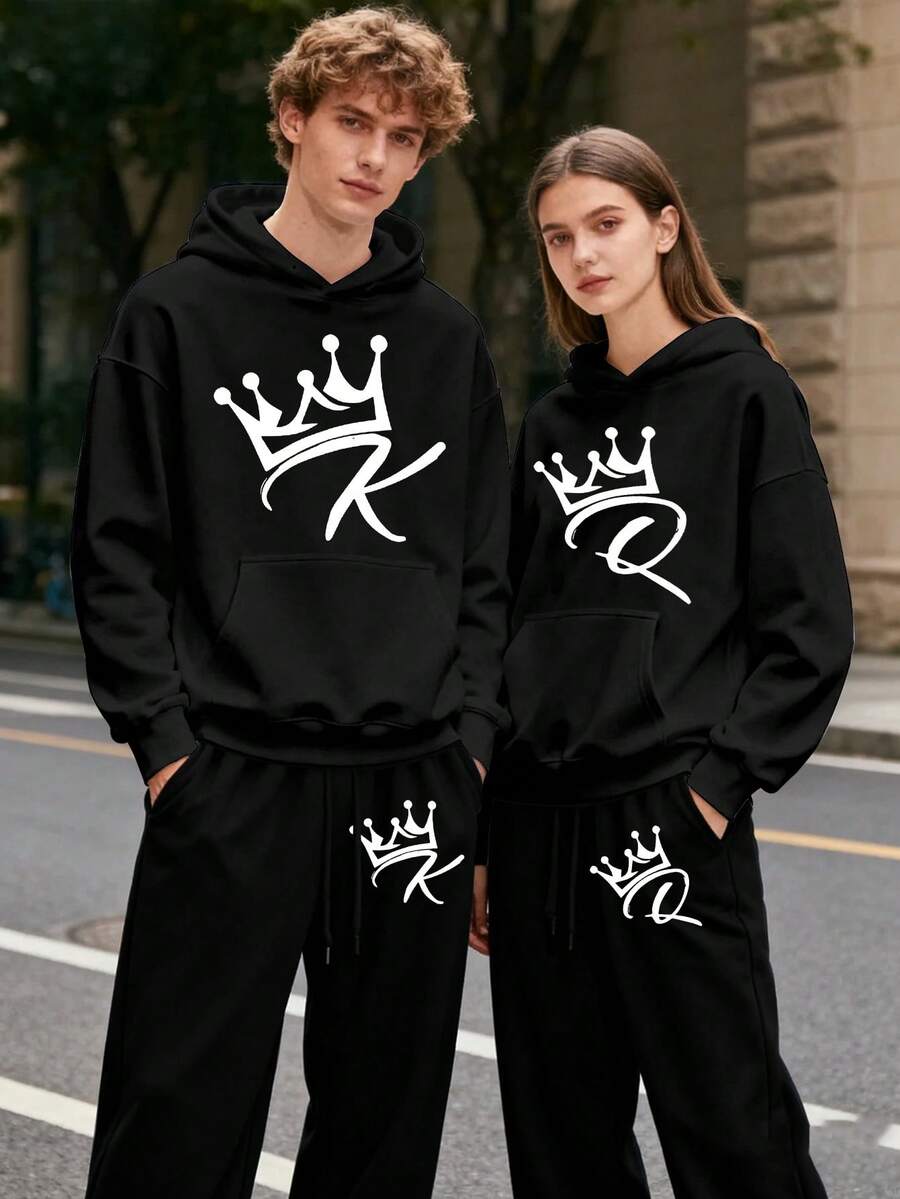 (2PC) Couple's Set Of Fashionable And Casual Printed Hoodies And Sweatpants For Both Men And Women, Autumn And Winter Men's Sportswear, Fashionable And  Sportswear Printed, Suitable For Casual Outdoor Sports And Holiday Gift Giving.KING/QUEEN - Nam-Đen - Xem 1