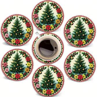 Juego de 6 posavasos redondos de madera - Diseño vintage de árbol de Navidad y flores coloridas, posavasos resistentes al calor de 4 pulgadas, decoración del hogar, mesa de café, uso en bar - Lavar a mano, regalo de inauguración de la casa, tema navideño, 2D plano, 6 piezas/set, 300 sets/1800 piezas