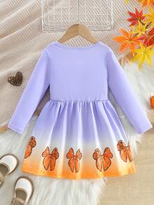 1 pieza Vestido de manga larga de tela de punto suave y cómoda con estampado de letras en inglés, pavo, flores y hojas de temática de Acción de Gracias para niñas, adecuado para uso al aire libre en otoño/invierno - Multicolor - Ver 2