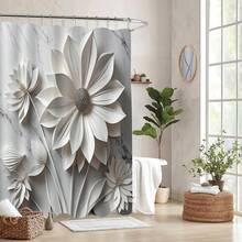 时尚3D立体花卉防水淋浴挂毯，带挂钩 - 现代浴室装饰，可机洗涤纶材质，防水防霉，轻便透气，不遮光。颜色可能因光线条件略有不同。包含12个挂钩 - 艺术浴室装饰。 - 彩色 - 查看 2