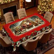 1pc Vintage Traditional Christmas Tablecloth, Jesus Nativity Scene Red Snowy Landscape Angel Shepherd Starry Night Tablecloth, Polyester Fabric, Lace Edging, Rectangular And Round Shapes, Suitable For Indoor And Outdoor - Kitchen, Dining Room Decor, Ideal Christmas Gift, Dinner Party, Picnic, Home Kitchen Decoration