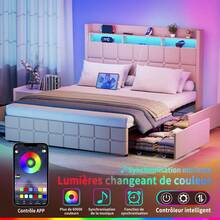 Upholstered Bed 140x190 Cm With 4 Drawers, With LED & USB, Storage Bed With Storage, 2 Person Bed, Metal Frame, Faux Leather, Beige - 查看 2