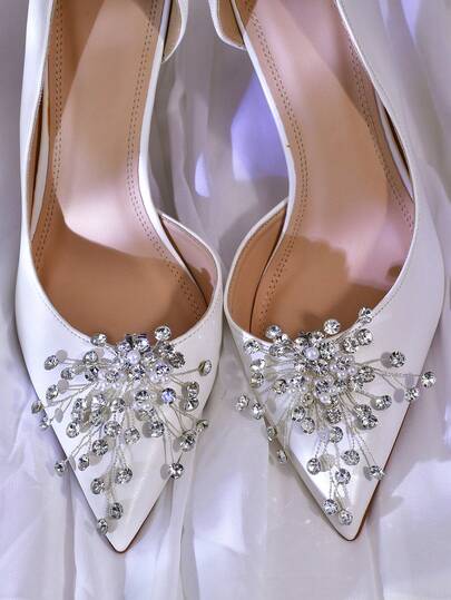 1 Pair (2pcs) Elegant Crystal & Pearl Decorated High Heel Shoes, Detachable Pearl Shoe Clips, Fashion Shoe Accessories Suitable For Wedding, Party, Halloween, Christmas