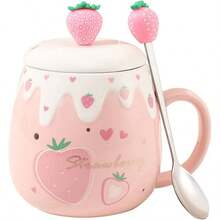 - Taza de caf de cermica de color rosa, taza de caf kawaii, taza de t de la maana, leche y fruta con tapa encantadora, cuchara de acero inoxidable, novedad creativa, cumpleaos, Navidad - B - Ver 5
