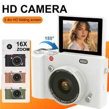 4K 数码相机，配备 2.4 英寸 LCD、16 倍数码变焦、180° 翻转屏幕、带 32GB 存储卡的紧凑型数码相机，复古摄像机设计 - 彩色 - 查看 3