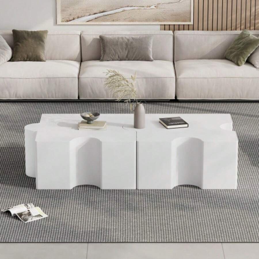 Cool White Puzzle Coffee Table Set, 2-Piece Modular Design, Can Be Split To Fit Sofa Tables At Either End Of The Sofa, Living Room Table