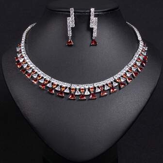 3pcs/Set, Multi-Color Options, Fashion/Elegant, Women's Jewelry/Necklace, Triangle Shape, Cubic Zirconia Inlaid, Earrings, Necklace, Jewelry Set, Suitable For Women's Festivals/Parties, Weddings/Banquets, Women's Fashion Jewelry, Women's Jewelry Set, Gift