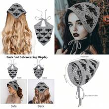 Gothic Crochet Headband Goth Bat Pattern Gray Vintage Hair Bandana For Halloween Christmas Stylish Cotton Knit Triangle Bandana Unique Goth Hair Scarf Accessories For Women Girls#SSDD B BJNHMJ