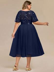 优雅刺绣雪纺飘袖秋冬A字蓝色婚礼宾客晚礼服，适合晚会 - 霧霾藍 - 查看 2