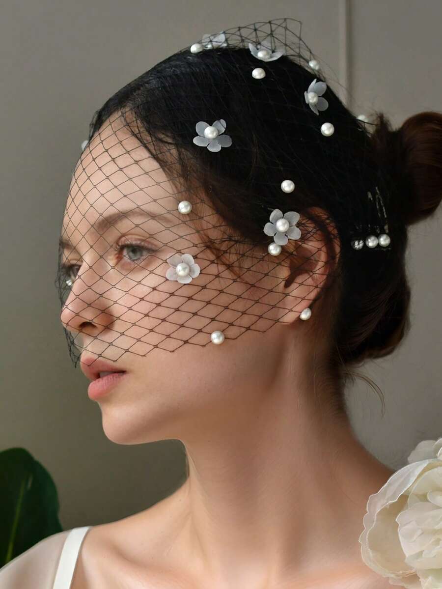 Handmade Pearl Flower Bridal Veil, Black Bird Cage Wedding Headpiece, Elegant Women Hair Accessory Suitable For Party, Banquet, Photography And Other Occasions