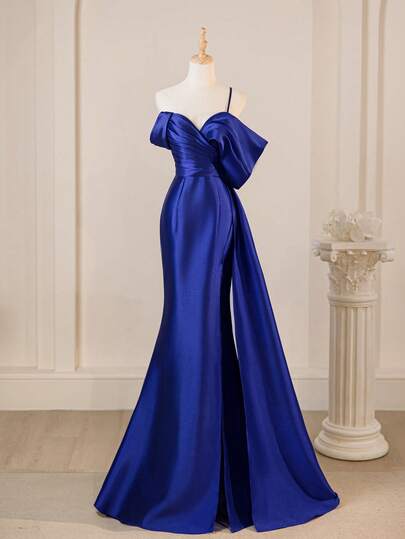 优雅露肩中世纪女士舞会礼服，大腿开叉，侧面垂坠，优雅正式晚会舞会婚礼宾客礼服，适合毕业典礼、晚宴