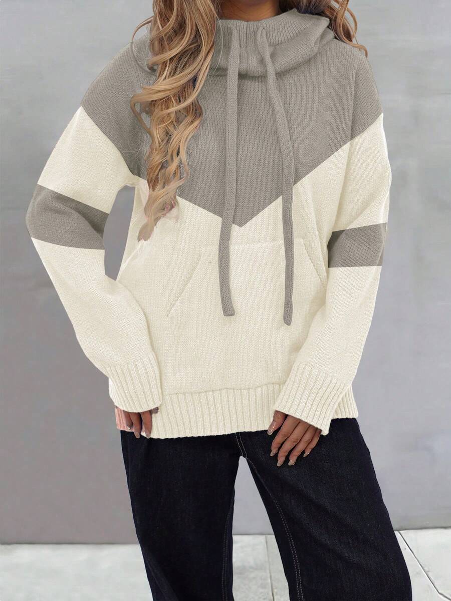 Fall/Winter Casual Patchwork Drawstring Pocket Hooded Collar Top For Women - Apricot - View 1