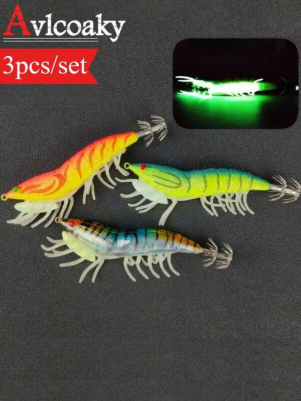 AVLCOAKY 3 قطع من خطاطيف الحبار المضيئة مع خرز الخشخاش، طعوم الروبيان للصيد البحري، بطول 11.5 سم وبوزن 20.5 جرام