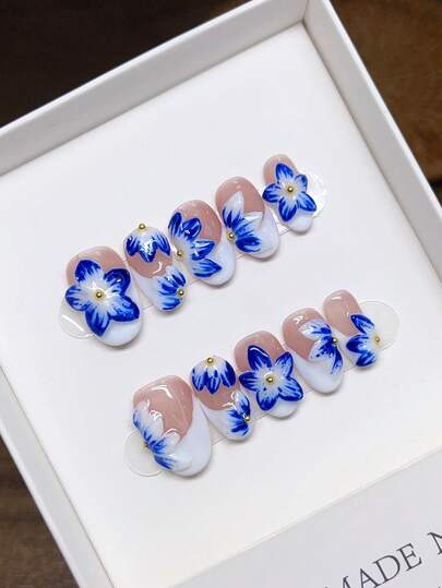 10 Pieces Of Pure Hand-Made Wearable Nails With European And American Style Hand-Painted Nails, 3D Blue And White Porcelain Tropical Carving Design, Dopamine Color Hand-Painted Gradient Tie-Dye Three-Dimensional Carving Hexagonal Pattern, Luxurious Hand-Made Wearable Nails, Y2Kaddie Style, Full Coverage Fake Nails, Unique And Niche Creative Fake Nails, Daily Nail Art, Detachable Wear And Reusable.