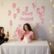 11 piezas Conjunto de decoración de pared con moños rosas, incluye 10 piezas de lazos de cinta + 1 pieza de corona de cumpleaños, adecuado para fiesta bohemia DIY, eventos con tema de ballet, perfecto para boda y sesión de fotos en el dormitorio