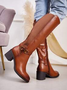 fandelle Botas de salto alto acima do joelho, com zíper lateral e decoração de metal, de cor sólida e da moda - Camelo - Ver 4