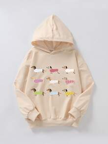 少女长袖连帽卫衣，印有可爱的腊肠犬卡通图案，舒适时尚休闲，秋冬季新款 - 杏色 - 查看 7