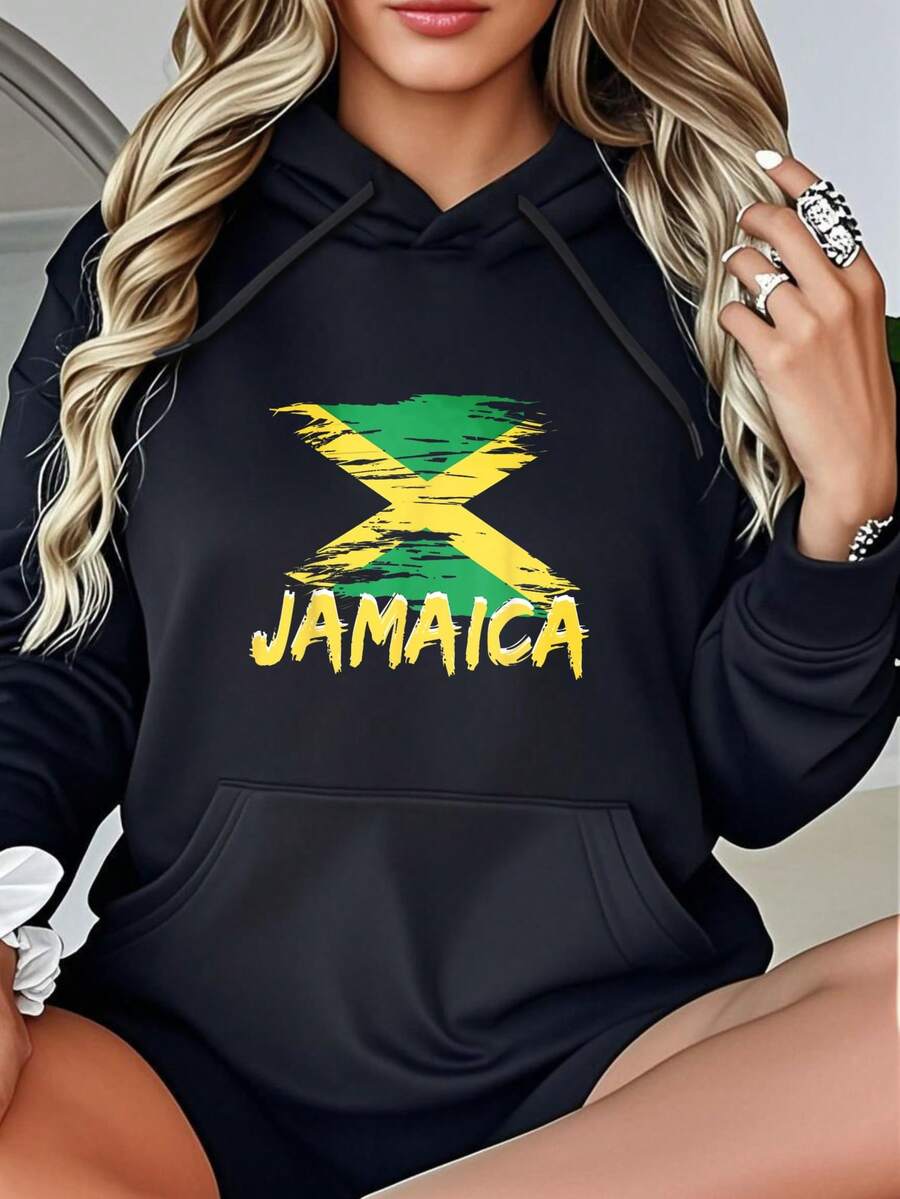 Womens Graphic Oversized Hoodies, Long Sleeve Pocket Pullover, Sweatshirts Fall Fashion 2025 Pullover Letter Print Winter Clothes, Suitable For Parties, Outdoor Activities, And Leisure, Jamaica Flag Design With Green Yellow And Black Colors ,Gift For Women, Size S-3XL - màu đen - Xem 1