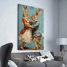 1 pieza Póster de pintura vintage de conejo en lienzo, ilustración encantadora de conejo con huevos florales y de Pascua, impreso en maceta, decoración del hogar, regalo perfecto para fiestas, listo para - Multicolor - Ver 1