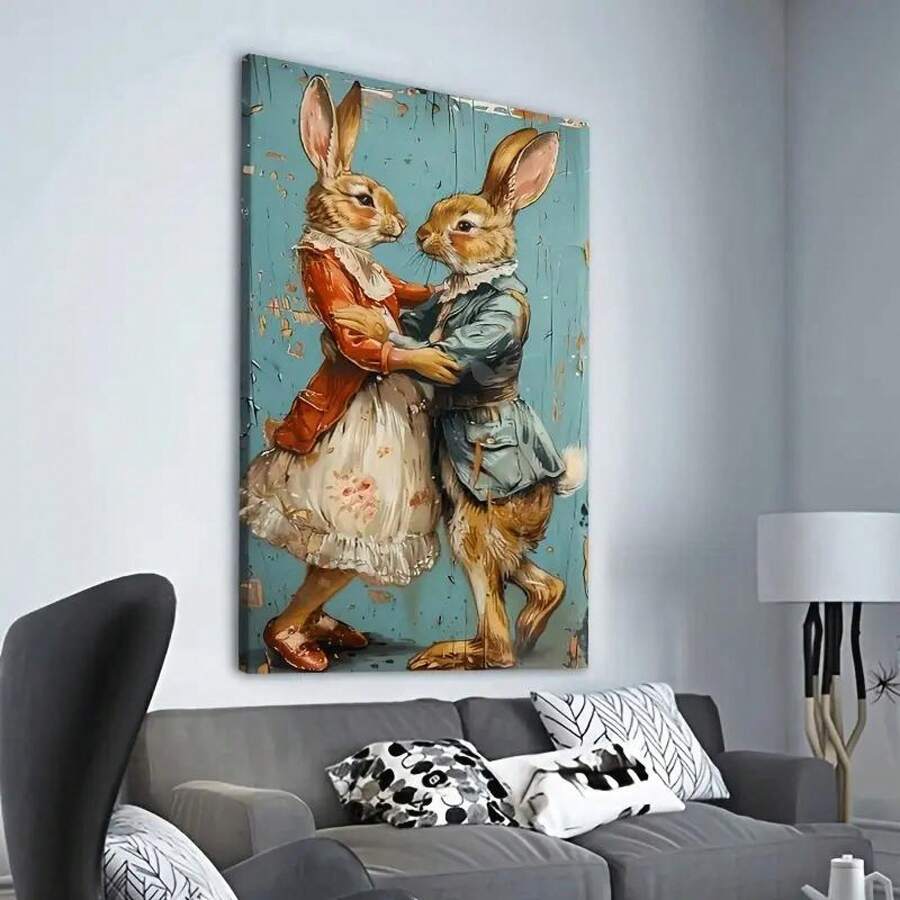 1 pieza Póster de pintura vintage de conejo en lienzo, ilustración encantadora de conejo con huevos florales y de Pascua, impreso en maceta, decoración del hogar, regalo perfecto para fiestas, listo para - Multicolor - Ver 1